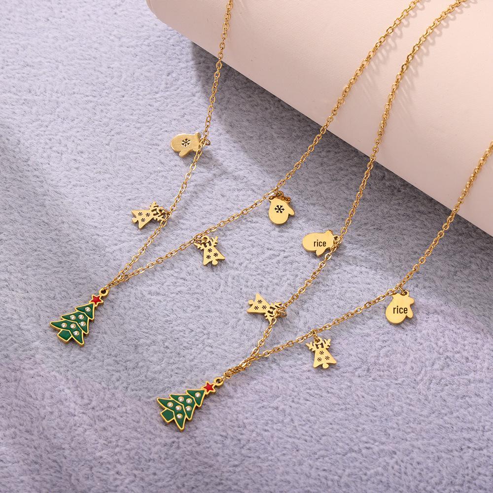 Ferris Wheel Green Enamel Christmas Tree Zircon Pendant Necklace with Reindeer Tassel and Stainless Steel Chain.