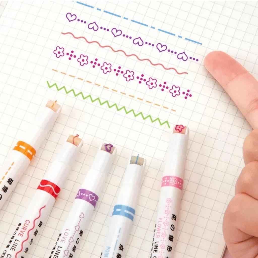 6-teiliges Textmarker-Set mit einzigartigen Kurvenformen, verschiedene Farben, ideal zum Notieren und kreativen Zeichnen