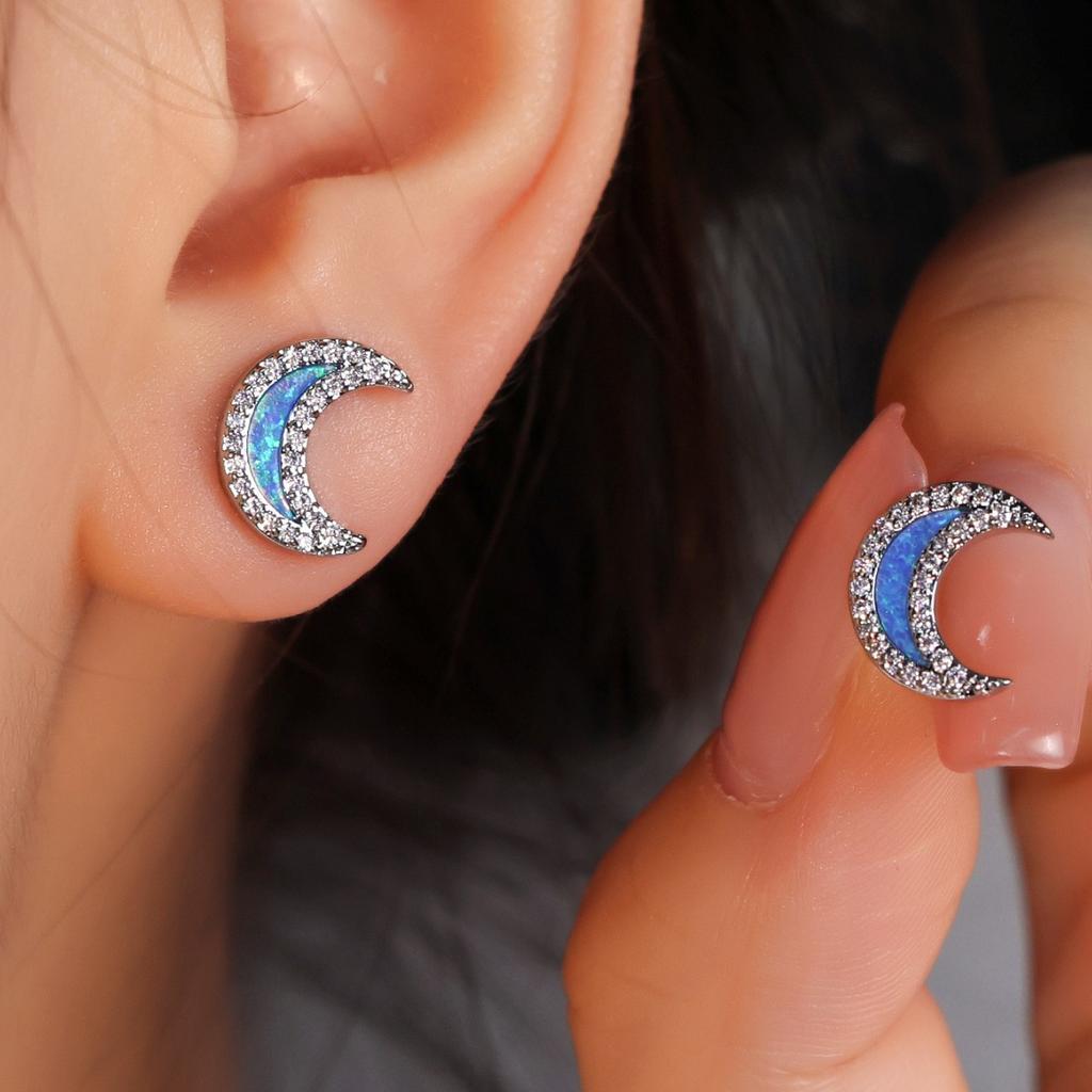 Temperament love moon opal edge inlaid zircon stud earrings female personality Internet celebrity earrings