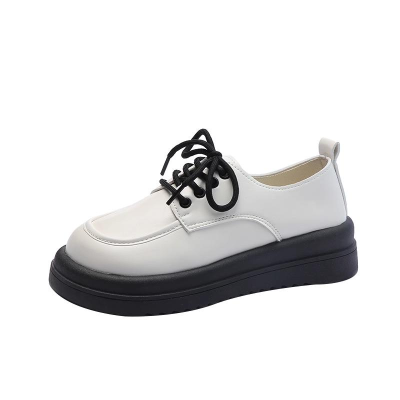 2025 spring and autumn muffin platform small leather shoes women's new white British style round head lace-up versatile single shoes