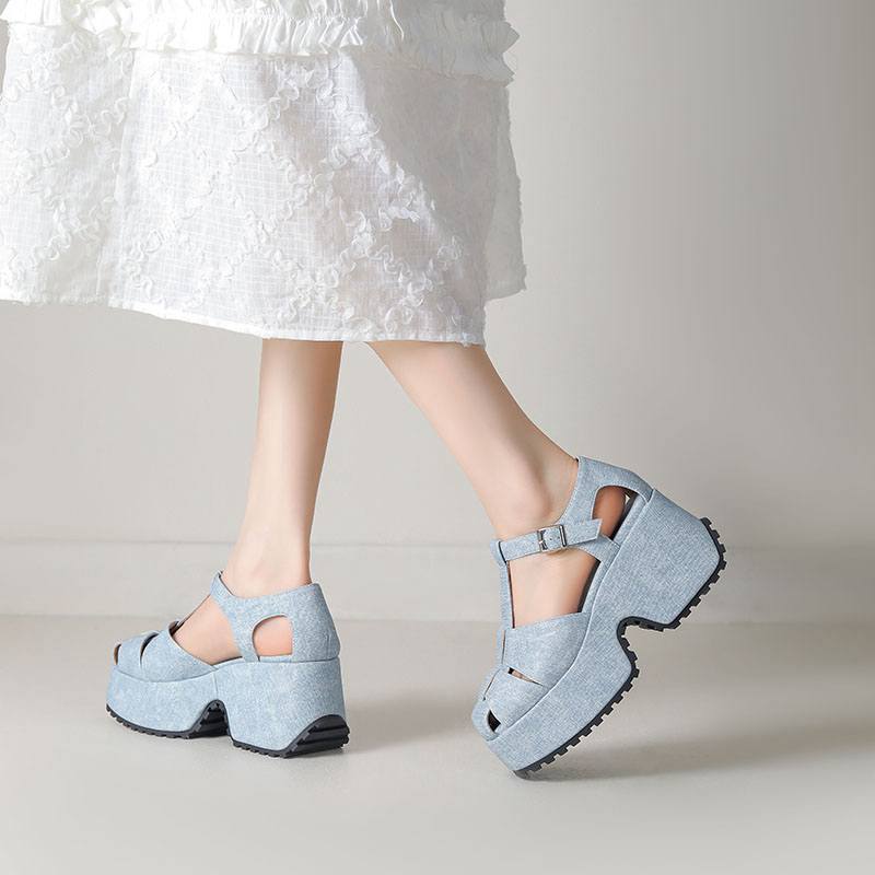 Krazing Pot Polyurethane Spring Summer Size 43 Size 42 Women Platform Women Square Toe Buckle Thick Bottom Pumps