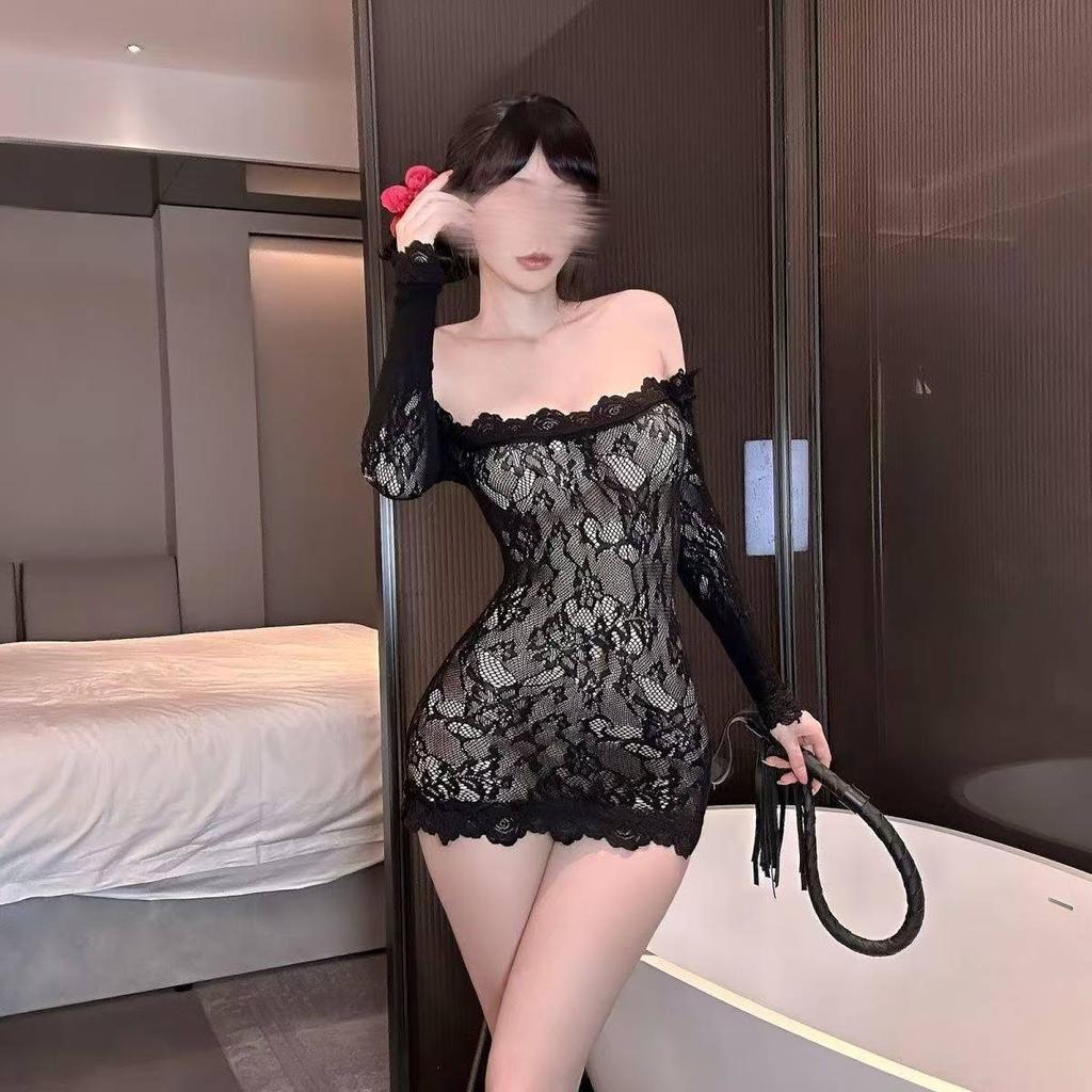 Purple Sexy One-Shoulder Lace Nightclub Pure Desire Hot Girl Tube Top Mesh Dress Elegant Sleepwear Mesh Lace Sheer Sexy XHI5