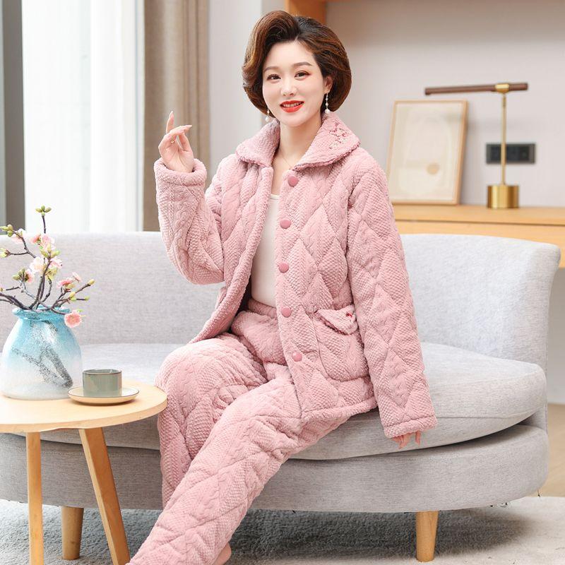 Autumn Winter Women's Padded Thick Coral Fleece Coat and Pants Two-piece Warm Pajamas Set Loungewear