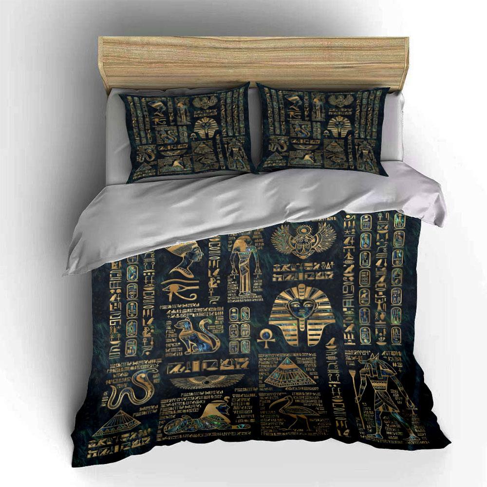 3Pcs Regal Egyptian Bedding Set, Vibrant Pattern of Ancient Art and Hieroglyphs Print Duvet Cover, Rich and Mysterious Vibe