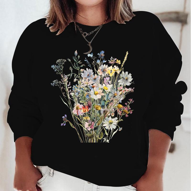 New Flower Hoodies Women Floral Oil Painting Y2K Sudaderas Long Sleeve Round Neck Vintage Boho Wild Flower Woman Sweatshirts
