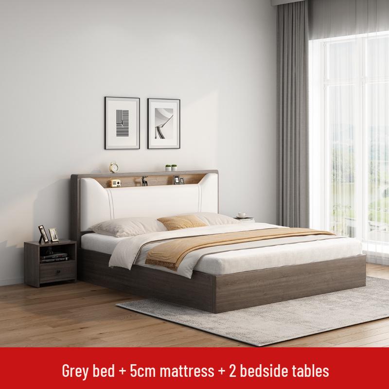 Modern Minimalist Solid Wood Panel Bed - Double (1.8m) or Single (1.2m) for Master Bedroom or Rental Room