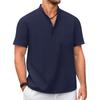 Cotton Linen T-shirt for Men Henley Neck Casual Solid Color Tees Short Sleeve Lightweight Breathable Vacation Beach Style Tops