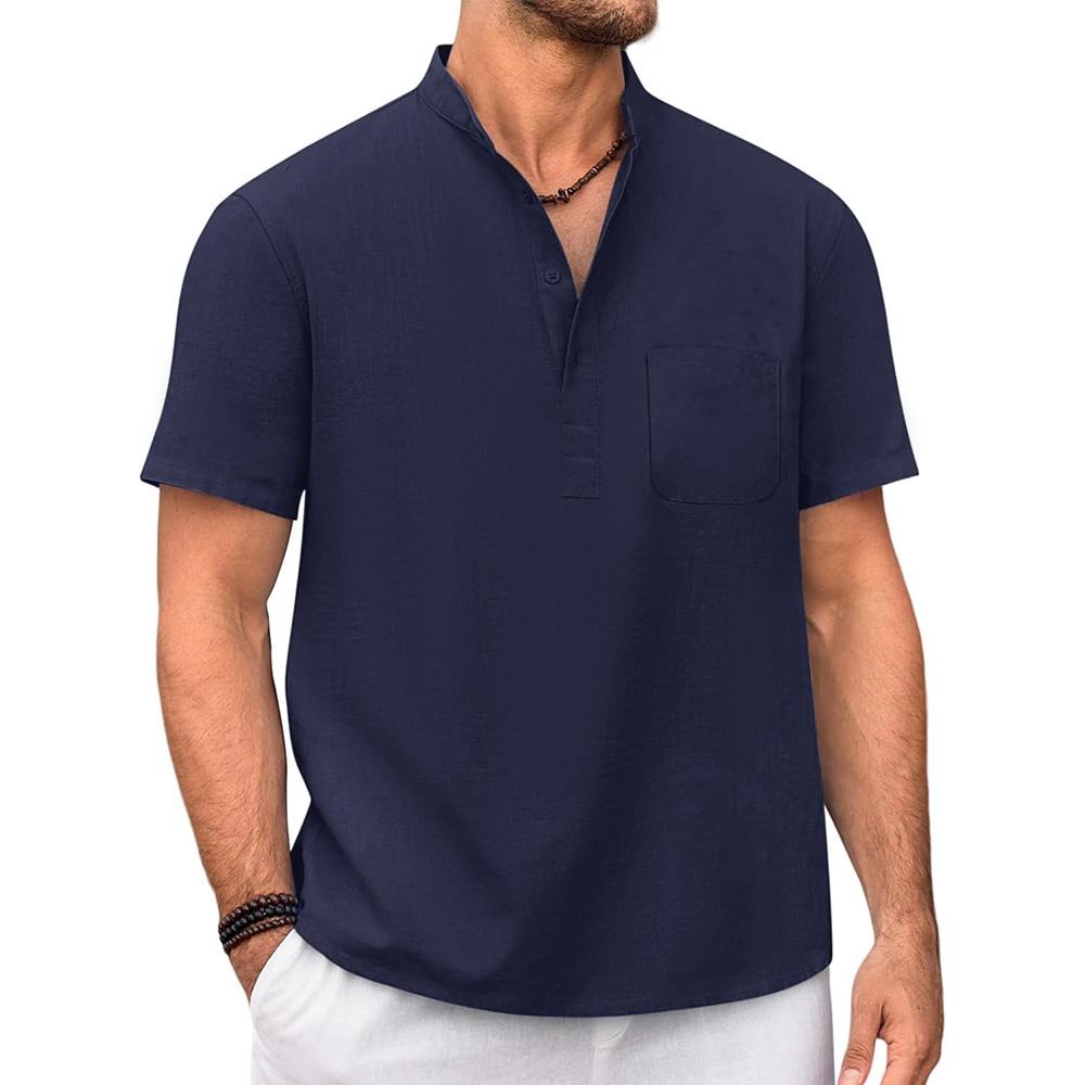 Cotton Linen T-shirt for Men Henley Neck Casual Solid Color Tees Short Sleeve Lightweight Breathable Vacation Beach Style Tops