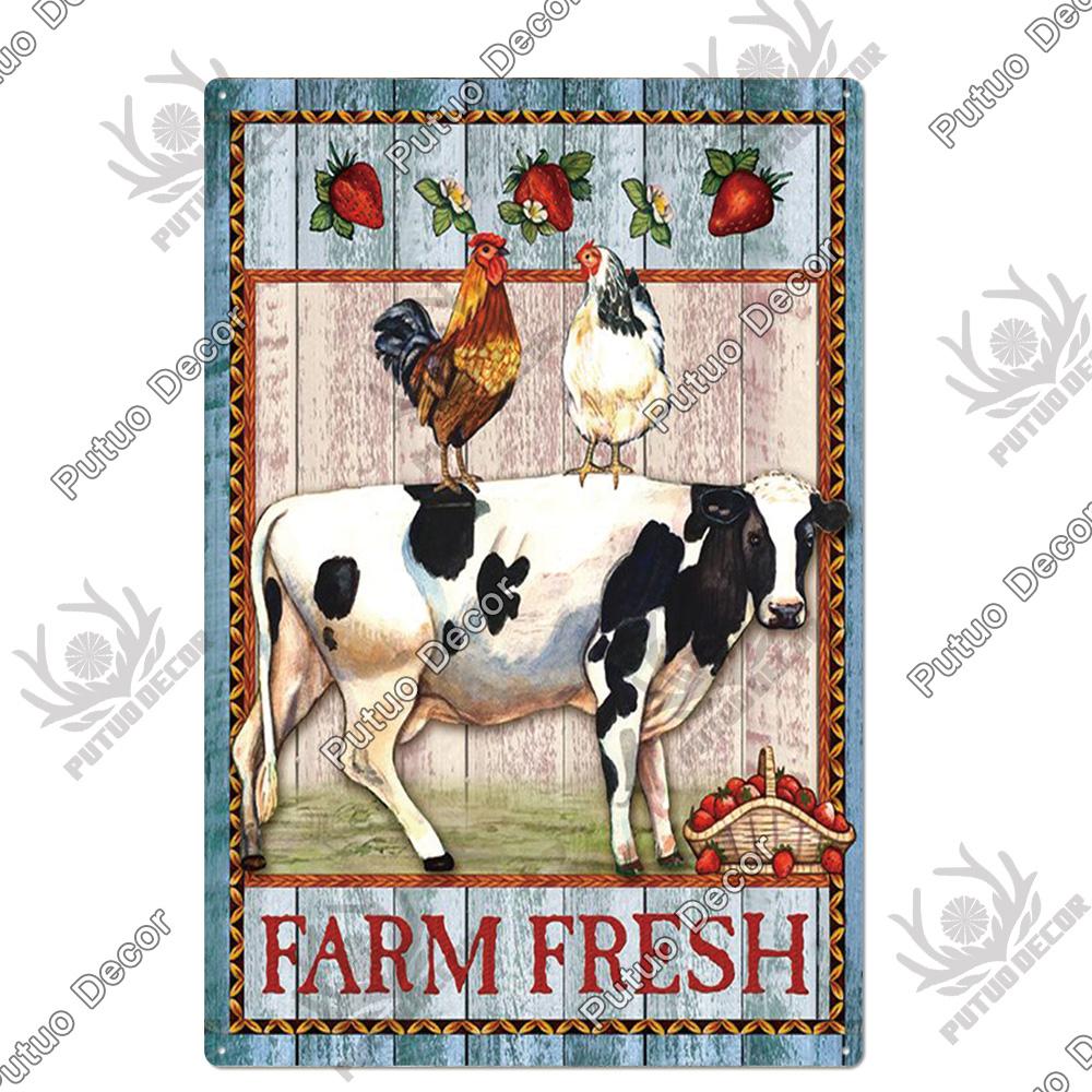 Putuo Decor Farm Tin Sign Milk Vintage Tin Sign Plaque Metal Plate Retro Poster for Farmhouse Cow Pig Wall Stickers Art Decor