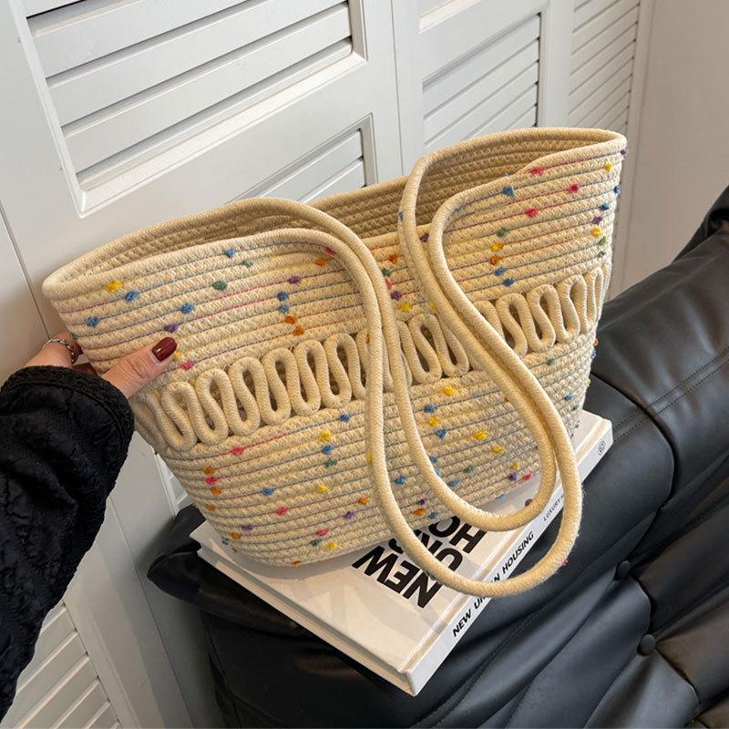Retro Style Women's Color Block Large Cotton Rope Woven Beach Bag