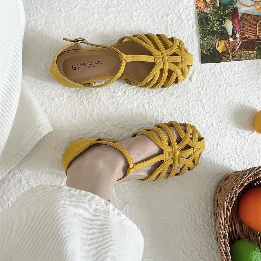 Mori women's woven hollow flat-bottomed bag head sandals women's summer new bohemian one-word strap Roman shoes genuine leather