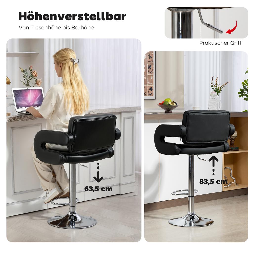 Barpall med mellanrygg och urholkad design, höjdjusterbar, med yta av PU-läder, U-format armstöd, stålstång för bistro, lounge, kök, svart
