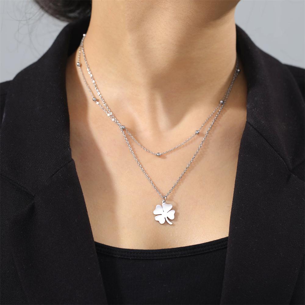 Cazador Dog Cat Four Leaf Clover Pendant Necklace for Women Stainless Steel Compass Angel Choker Double Chain Neck Jewelry 2026