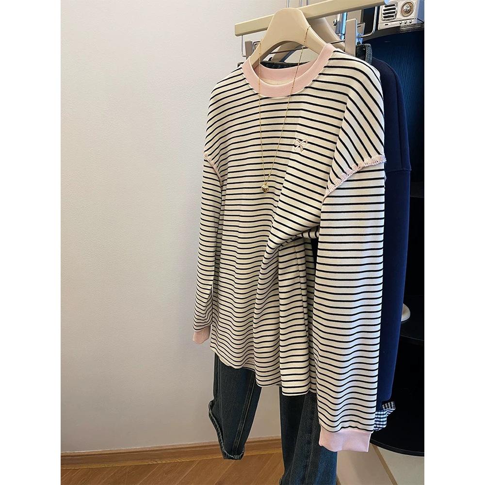 Women's Striped Bow Long-Sleeve Casual Top - Relaxed Fit, Plus Size, Autumn/Winter
