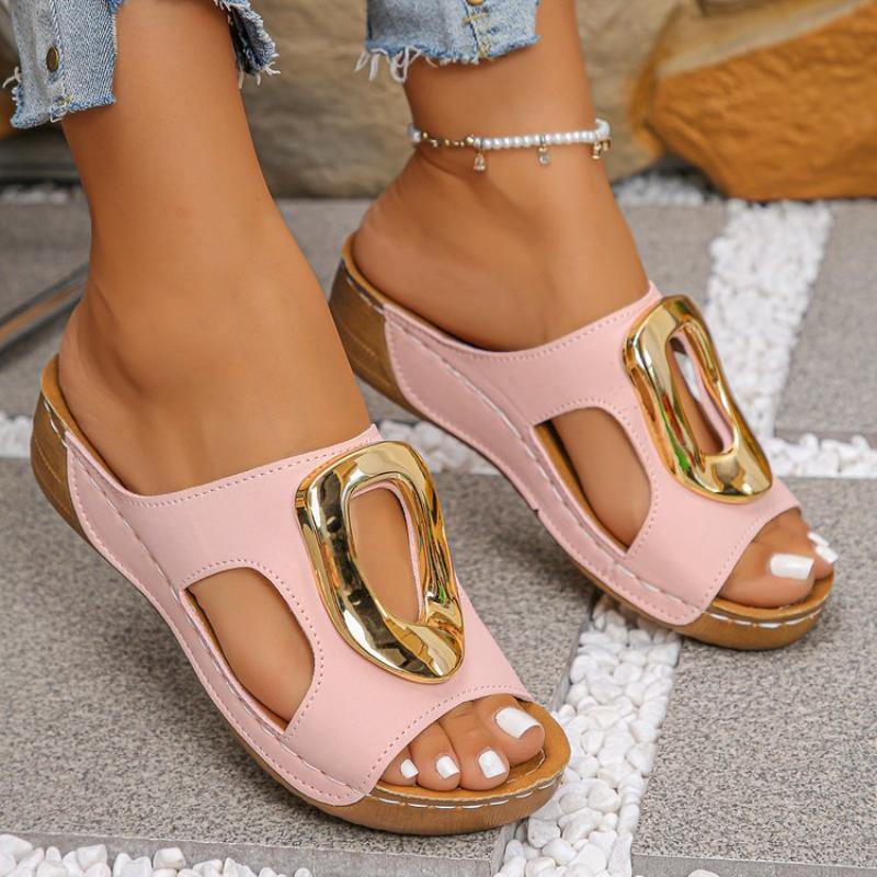 Fashion Summer Metal Buckle Women'S Slippers Open Toe Wedge Large Sandals Fashion Casual Outdoor Shoes