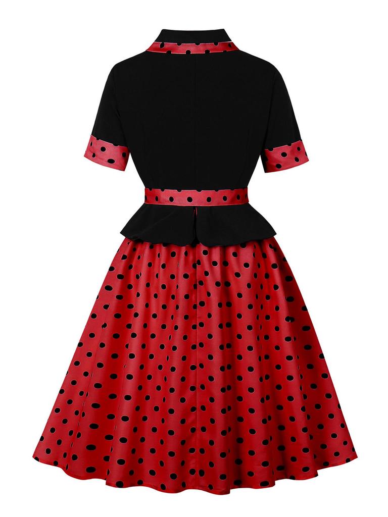 Retro Colorblock Polka Dot Short Sleeve Dress with Turn-Down Collar - Elegant Spring/Summer Style