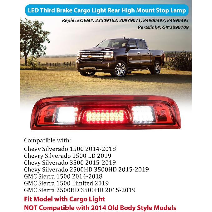 Silverado Sierra 3rd Brake Light LED Third Brake Light Cargo Lamp for Chevy Silverado GMC Sierra 1500 2500 3500 HD 2014-2018 Replace# 23509162