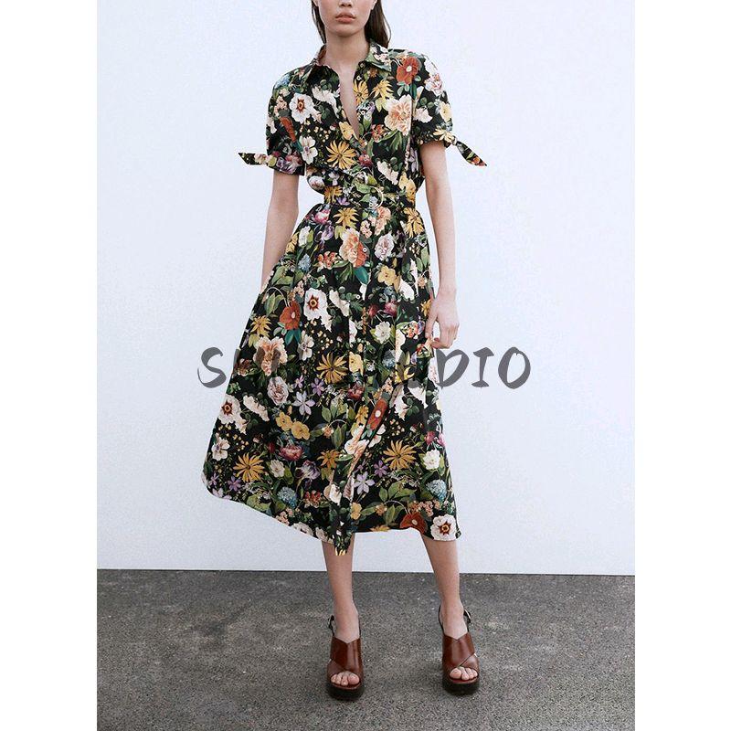 Spring and Summer French Elegance Long Bowknot Decoration Flowers Print Poplin Midi Skirt Dress 2944216