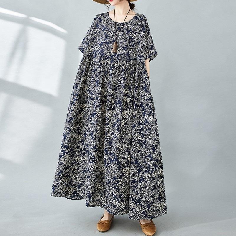 Short Sleeve Plus Size Cotton Vintage Floral New In Dresses for Women Casual Loose Long Summer