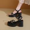 Fashion Square Heel Sandals Summer New Round Head Metal Buckle Cross Thin Belt Waterproof Platform Anti-slip Wear-resistant High Heels