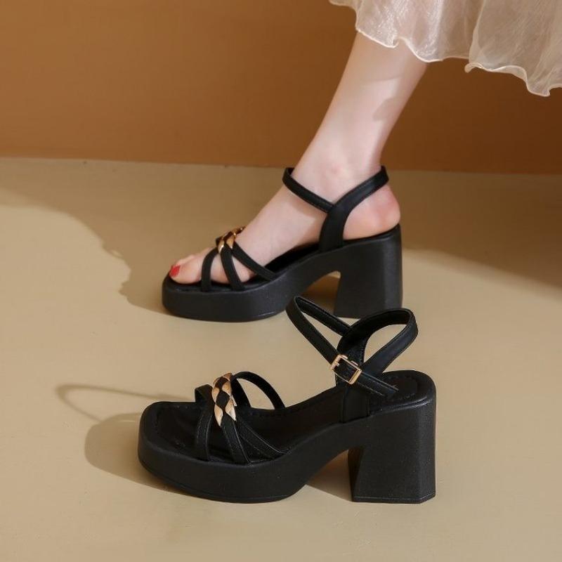 Fashion Square Heel Sandals Summer New Round Head Metal Buckle Cross Thin Belt Waterproof Platform Anti-slip Wear-resistant High Heels