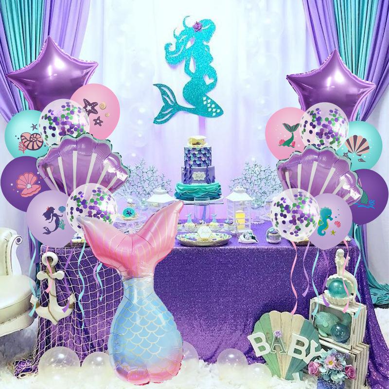 Mermaid Latex Balloons Confetti Air Helium Globos Disposable Tableware for 1st Kids Girl Mermaid Theme Birthday Party Decoration
