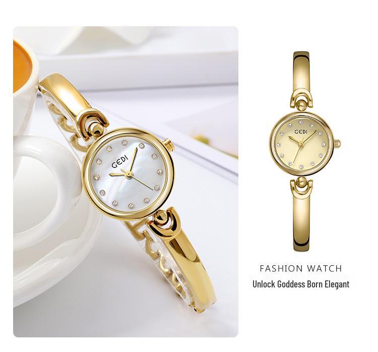 Gedi Niche Student Women's Waterproof Quartz Alloy Bracelet Watch with Simple Round Dial
