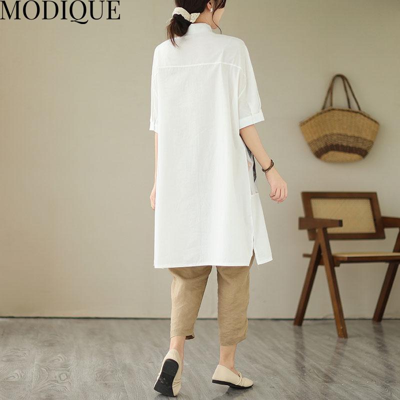 MODIQUE Summer Plus Size Women Cotton Linen Spliced Blouse Shirts Printing Summer Office Lady Coats Oversize Buttons