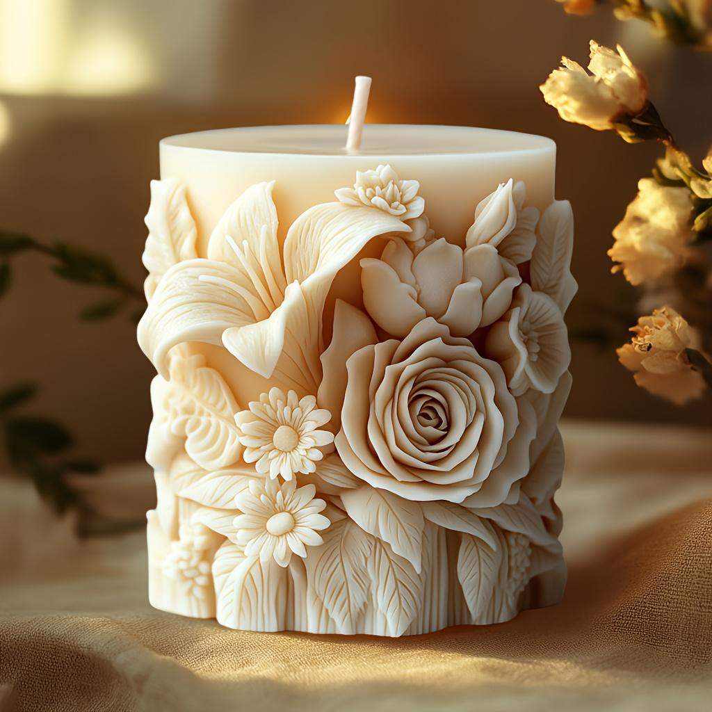 1 buc. Matriță de silicon pentru lumânări cu design floral complex de trandafiri și crini, formă ovală pentru lumânări de aromaterapie DIY, matriță pentru lumânări parfumate pentru săpunuri handmade