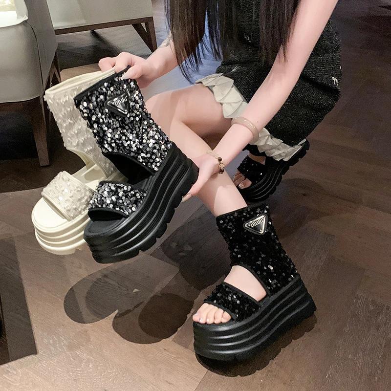 Fashion 8CM Hollow Platform Flats Sandals Women Bling Punk Shoes Casual Summer Boots Designer Loafers Trend Sport ZIP Sandalias Mujer