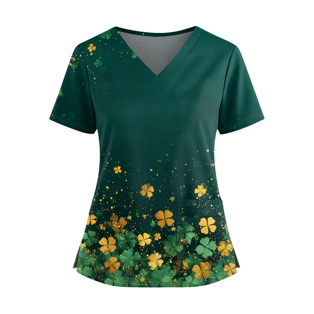 Frauen St. St. Patrick's Day Druck V-Ausschnitt Doppeltasche Kurzarm Uniform Oberteil mit geschlitztem Saum