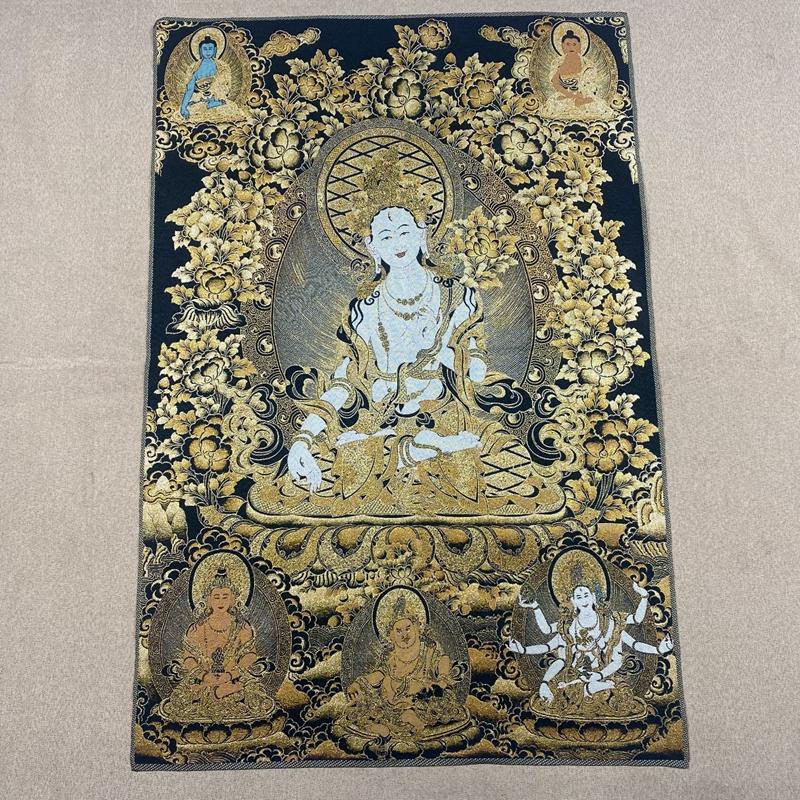 35"Thangka Embroidery Tibetan Buddhism silk Embroidery six arm Mahakala Vajra Buddha Thangka hanging screen Town house