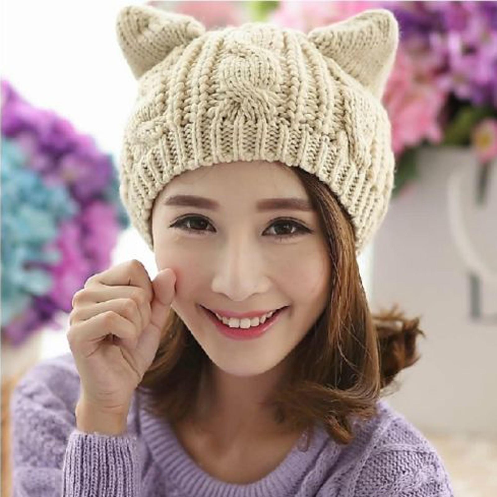 

Женские вязаные зимние унисекс толстые вязаные теплые шапки с кошачьими ушками бежевый