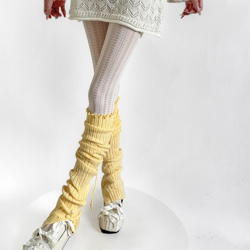 Ribbed Knit Thigh High Footless Long Socks with Button Detail Split Designs Over Knee Leg Warmers for Dance Enthusiasts