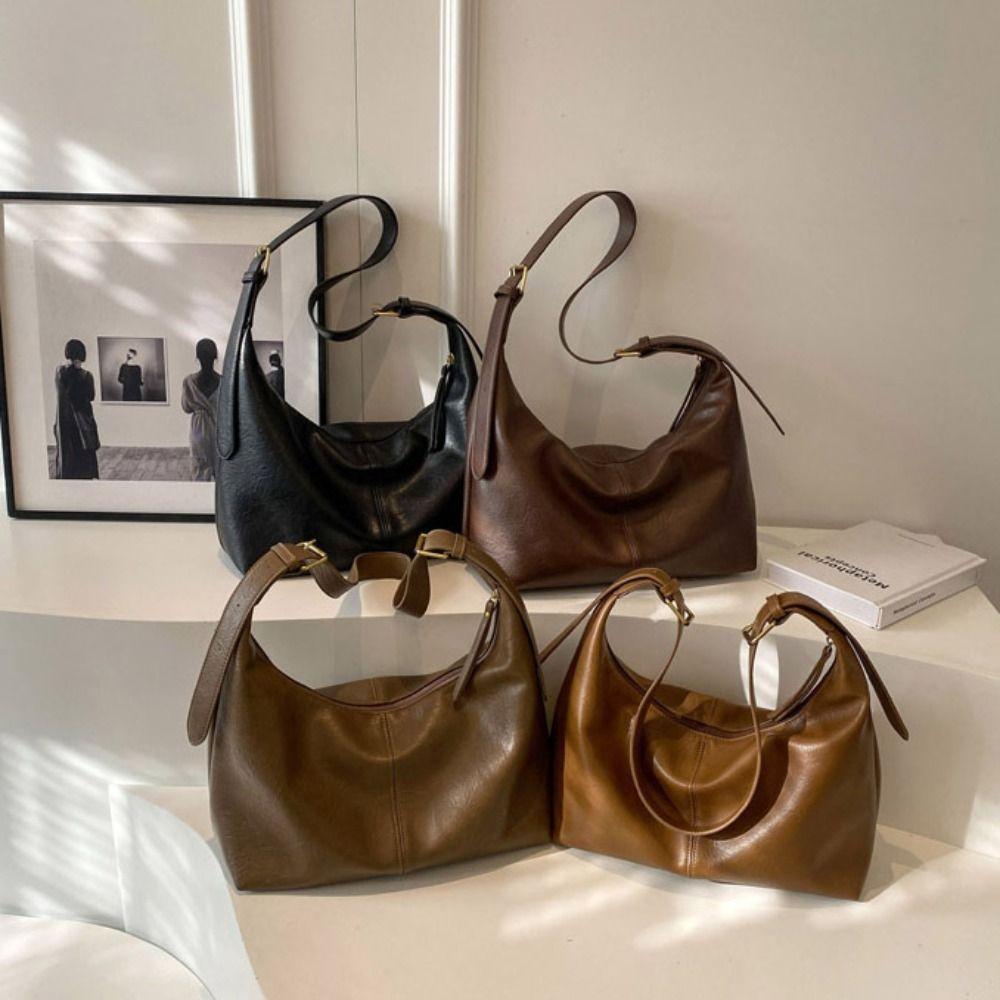 Solid Color Large Capacity Handbag Tote Bag Underarm Packs Casual Retro PU Tote Bag Office Worker