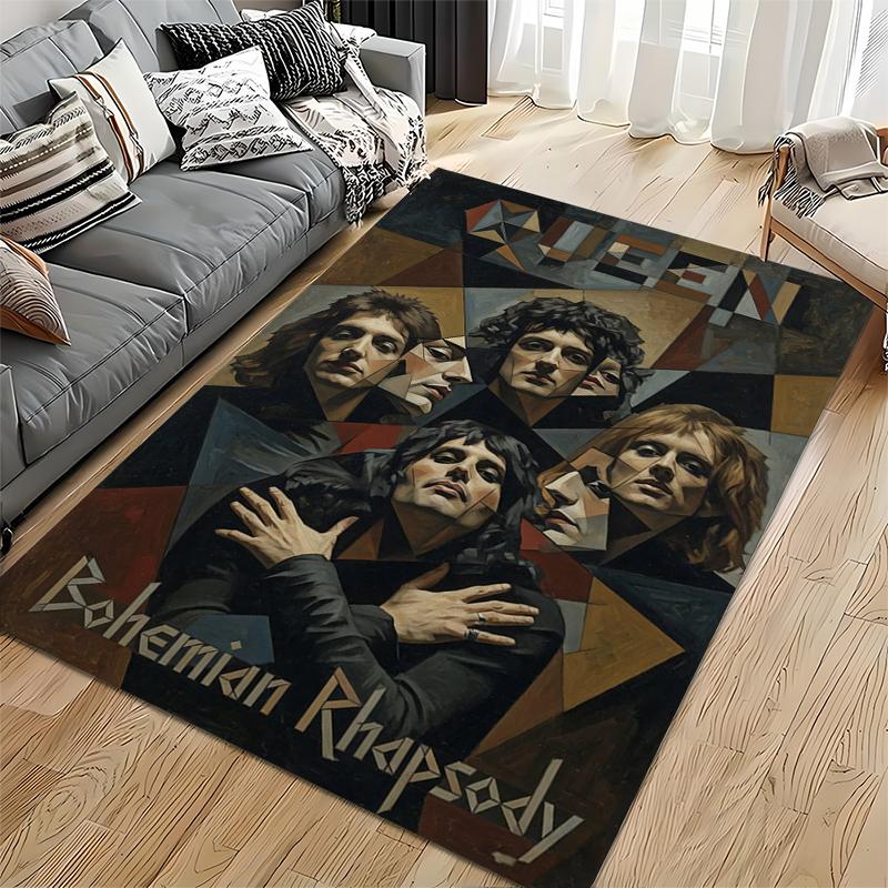 Area Rug, Queen Bohemian Rhapsody Cubist Painting Band Members Print, Man Cave Decor, Non-Slip Mat