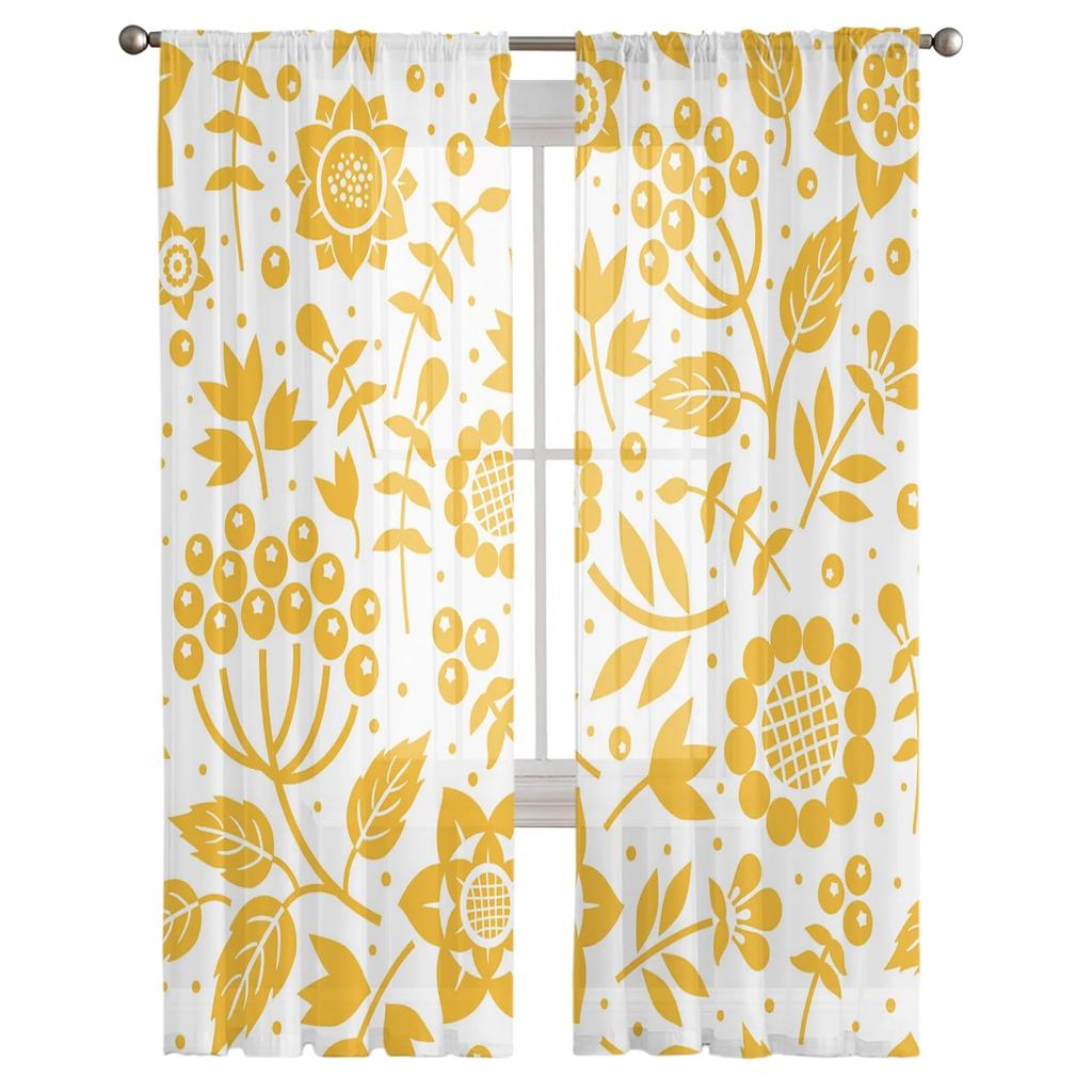 Yellow Branch Plant Flower Tulle Curtains for Bedroom Modern Voile Curtains Home Decoration Window Curtains