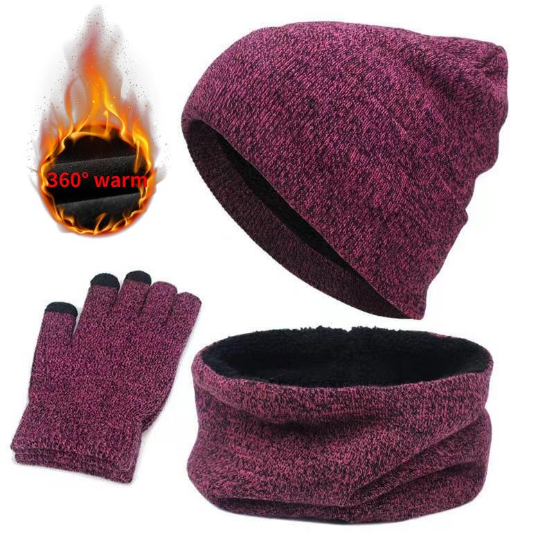 3pcs Winter Warm Women Thick Knitted Beanie Hat,Scarf Gloves Set,Outdoor Cycling Warm 3 Pieces,Unisex Solid Color Autumn Outfits