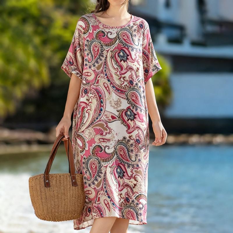

New Style Women s Plus-size Dress with Printed Design, Loose Round Neck Design 5XL рожевий червоний колір