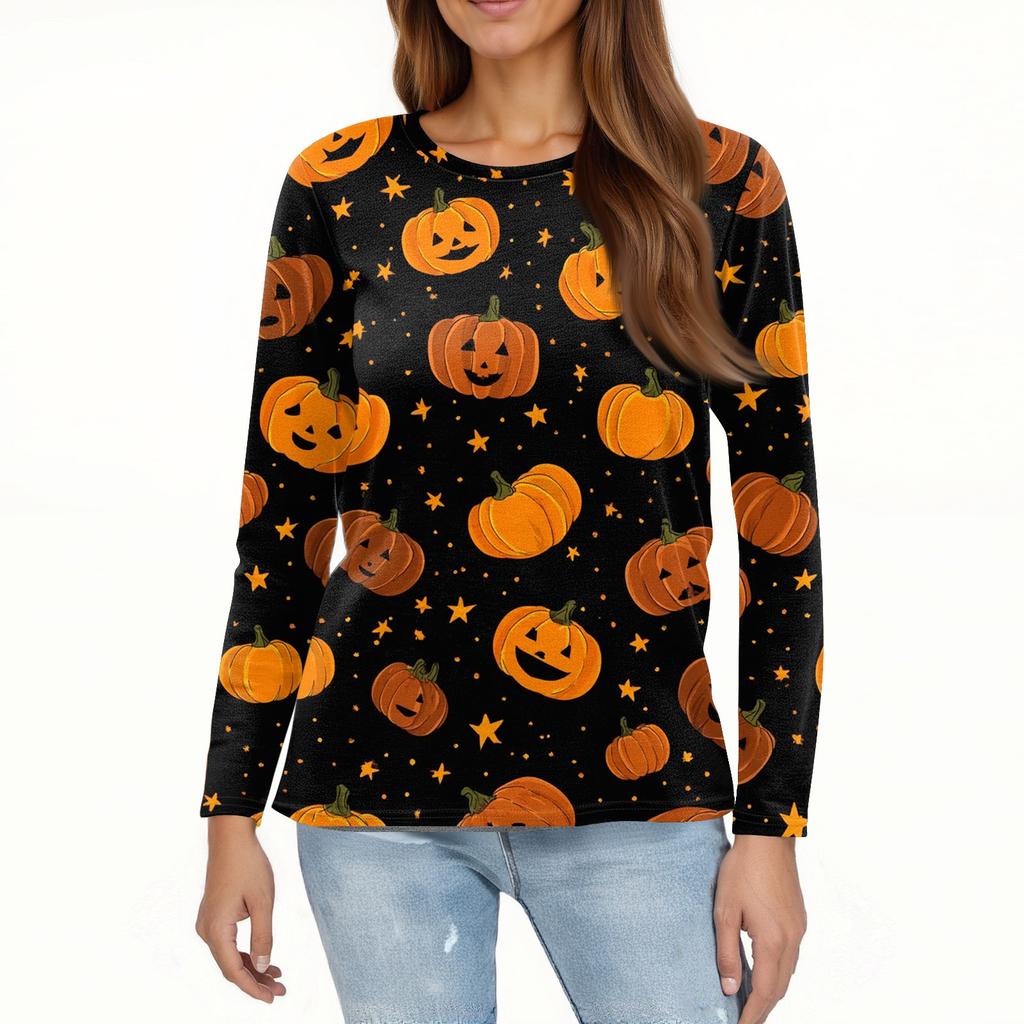 Women's Fashion Casual Halloween Printed Round Neck Long Sleeve Pullover Top