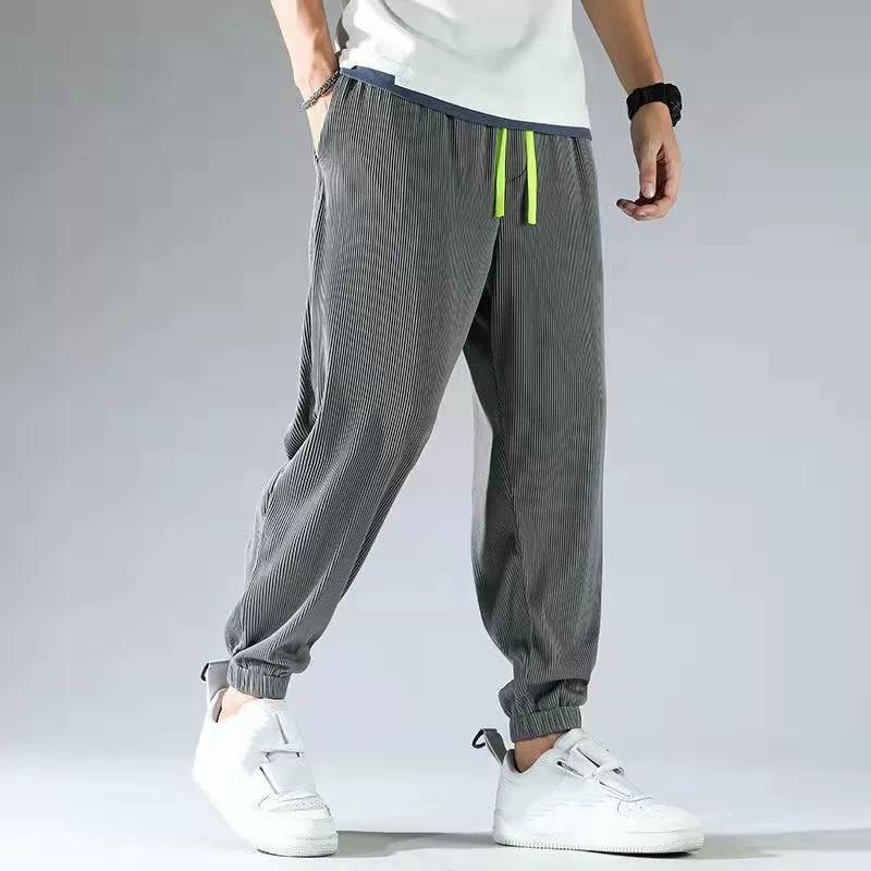 Ice Silk Men's Summer Thin Loose Casual Loose Waist Drapey Sport Long Pants Elastic Cuff Comfortable Lightweight Trousers