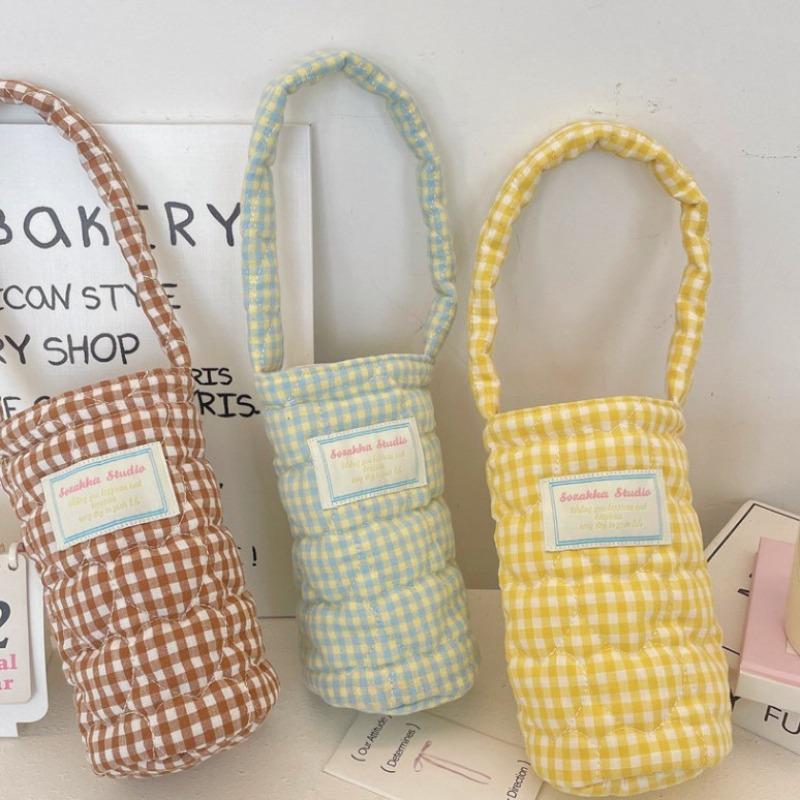 57141 cup cover portable small bag fabric padded plaid water cup bag anti-scalding soft portable water cup milk tea bag