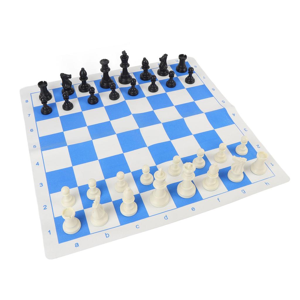 Chess Set Adults Kids Plastic Pieces Portable Folding Roll Up Travel Board Game PU Leather Blue White Grid Chessboard