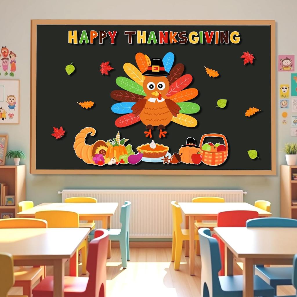 Konsait 49Pcs Turkey Bulletin Board Decorations, Happy Thanksgiving Cutouts for Bulletin Board, Thanksgiving Decoration for School Home Office