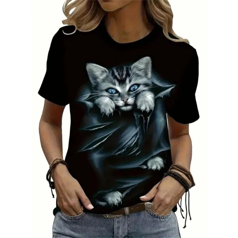 2025 New Fashion Women's T Shirt Lovely Cat 3d Printed T-shirt Women Tshirts Summer O-Neck Short Sleeve Tops Tees Casual Clothes