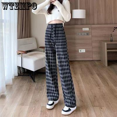 Pantalones de Mujer Otoño e Invierno Cintura Alta Sueltos Color Café Cuadros Pantalones Rectos Casual