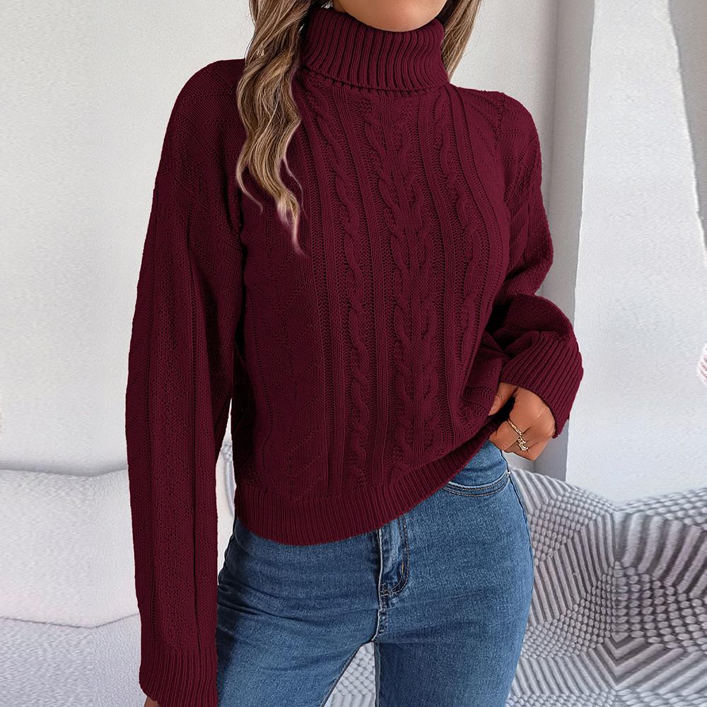 Autumn and Winter Fashion Women Casual High Neck Fried Dough Twists Long Sleeve Knitting Pullover Sweater Women's Turtleneck
