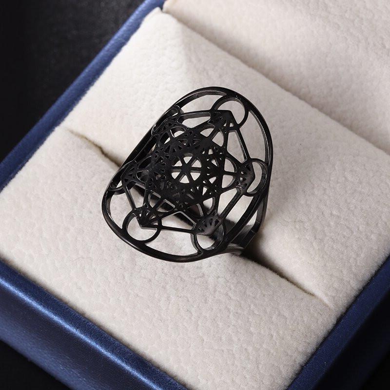 Stainless Steel Metatron Ring Adjustable Size Archangel Signet Lotus Flower Ring Solomon Geometry Supernatural Women Jewelry