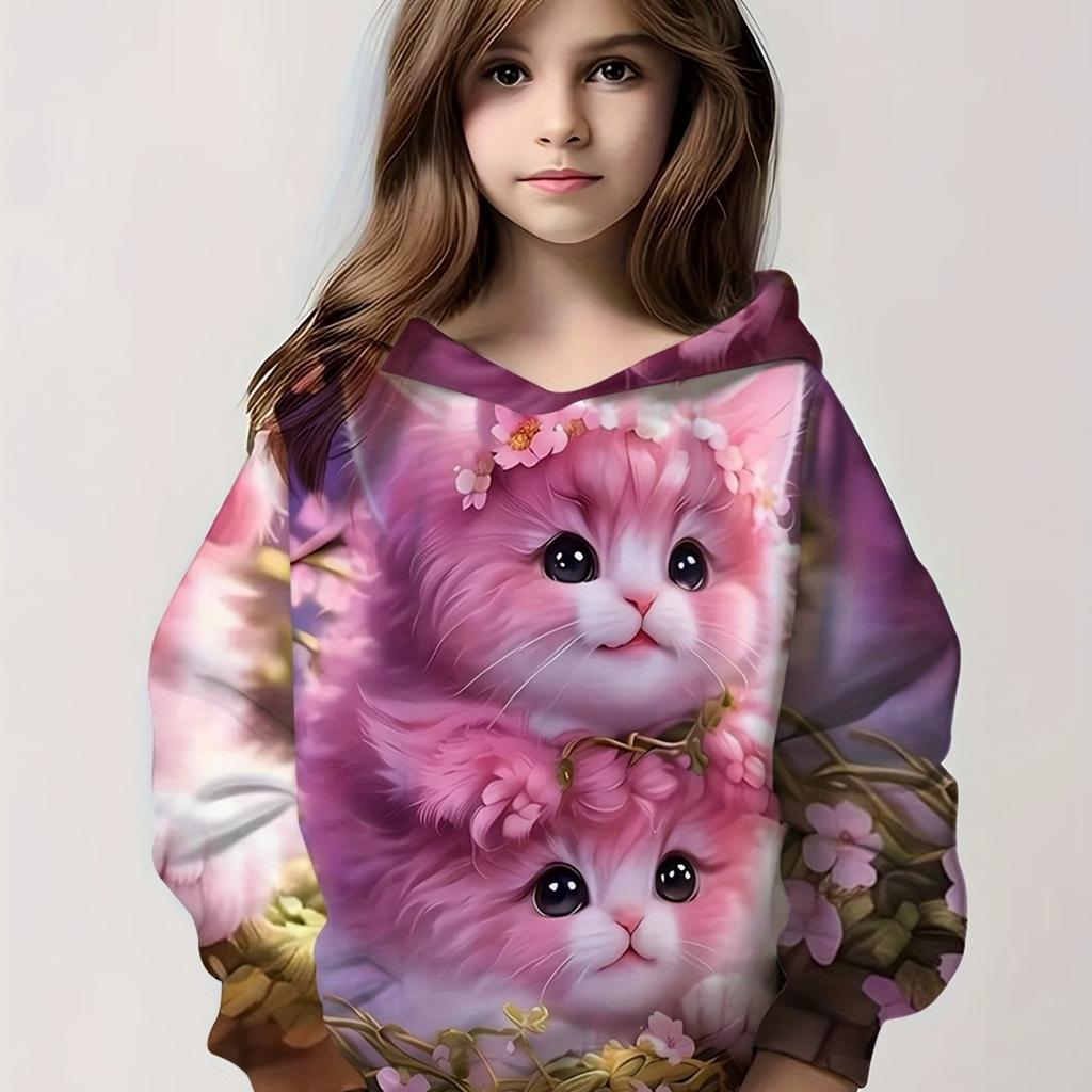 Kids Clothes Girl Hoodies Long Sleeve Cartoon 3D Cat Print Children Spring Fall Clothes Casual Cute Outdoor Girl Clothes Tops
