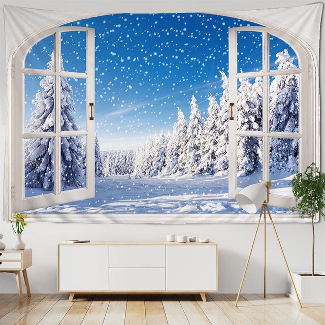 Christmas Forest Tapestry Snowy Trees Wooded Scenery Frosty Winter Park Winter Design, Wall Hanging for Bedroom Living Room Dorm